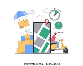 Online Delivery Service Concept. Mobile tracking app. Online order tracking. Fast Delivery by motorcycle. City logistics. Scooter with courier. Safe delivery. Flat Vector illustration