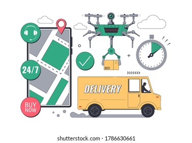 Online Delivery service concept. Mobile tracking app. Online order tracking. Fast Delivery by Truck and Drone. City logistics. Scooter with courier. Flat Vector illustration