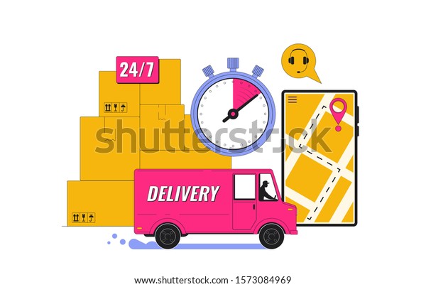 Online Delivery service\
concept. Mobile tracking app. Online order tracking. Fast Delivery.\
City logistics. Delivery truck with courier. Vector\
illustration