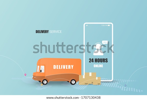 Online delivery service concept. Mobile\
order tracking. Delivery van to destination. Online logistics.\
Delivery on smartphone. Vector\
illustration