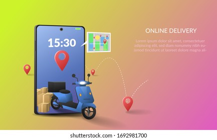 Online delivery service concept on mobile, online order tracking,Delivery home and office. City logistics. Warehouse, truck, forklift, courier, delivery man, 3d illustration with gradient background