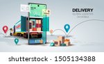 Online delivery service concept, online order tracking,Delivery home and office. City logistics. Warehouse, truck, forklift, courier, delivery man, on mobile. Vector illustration