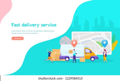 Online delivery service concept, online order tracking, young man happy the package arrived, can use for, landing page, template, ui, web, mobile app, poster, banner, flyer