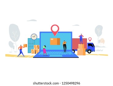 Online delivery service concept, Order, Cargo, Mobile App, GPS Tracking Service. Worldwide Logistic Delivery.  Flat cartoon character graphic design. Landing page,banner,flyer,poster,web page
