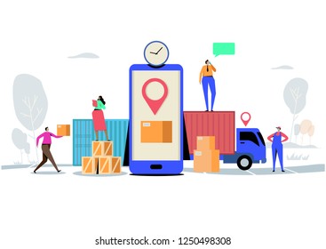 Online delivery service concept, Order, Cargo, Mobile App, GPS Tracking Service. Worldwide Logistic Delivery.  Flat cartoon character graphic design. Landing page,banner,flyer,poster,web page
