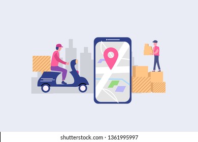 Online delivery service concept, online order tracking, vector illustration concept with scooter and smartphone for web landing page template, banner, flyer and presentation.