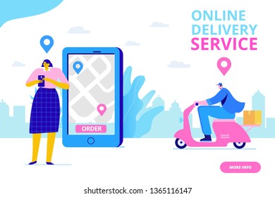 Online Delivery Service Concept. Online Order Tracking. Guy On The Bike Is Carrying Box. Flat Design Vector Illustration.