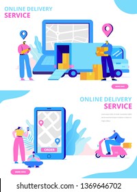 Online delivery service concept. Online order tracking. Hand with phone. Flat  illustration vector set. 