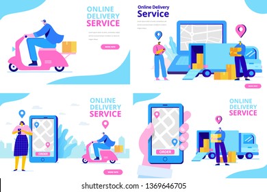 Online delivery service concept. Online order tracking. Hand with phone. Flat  illustration vector set. 