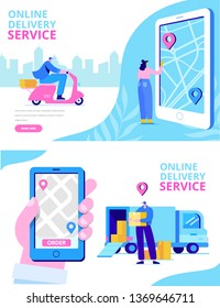 Online delivery service concept. Online order tracking. Hand with phone. Flat  illustration vector set. 