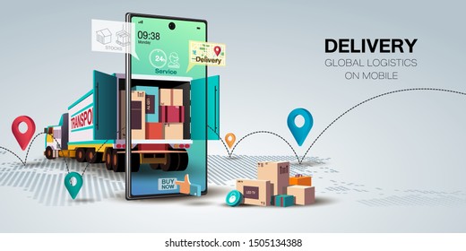 Online delivery service concept, online order tracking,Delivery home and office. City logistics. Warehouse, truck, forklift, courier, delivery man, on mobile. Vector illustration