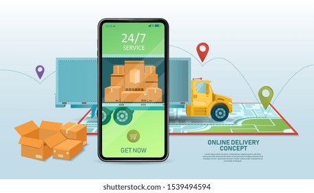 Online Delivery Service Concept Online Order Tracking. Warehouse, Truck, Forklift, Courier, Delivery Man. Vector Illustration