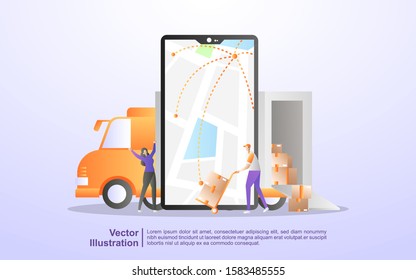 Online delivery service concept, online order tracking, delivery home, free and fast delivery, online cargo, logistic distribution. Can use for web landing page, banner,mobile app. Vector Illustration