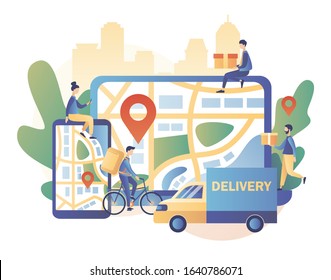 Online delivery service concept. Order tracking. Courier on bike and delivery van. Tiny people are couriers and customers. Modern flat cartoon style. Vector illustration on white background