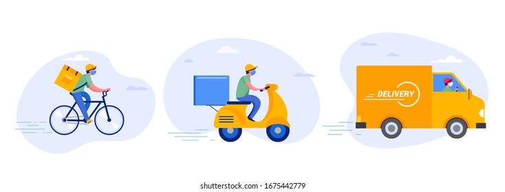 Online delivery service concept, online order tracking, delivery home and office. Warehouse, truck, drone, scooter and bicycle courier, delivery man in respiratory mask. Vector illustration