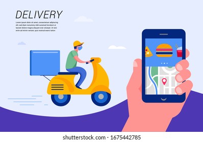 Online Delivery Service Concept, Online Order Tracking, Delivery Home And Office. Warehouse, Truck, Drone, Scooter And Bycicle Courier, Delivery Man. Vector Illustration