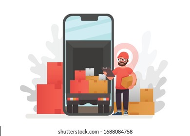 Online delivery service concept, online order tracking. Delivery home and office. City logistics. Warehouse, truck, forklift, courier, delivery man, on mobile. Vector illustration