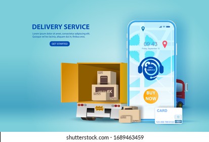 Online delivery service concept, online order tracking,Smartphone Delivery home and office.City logistics and Warehouse on mobile.Location app mobile phone with yellow delivery truck, map on screen