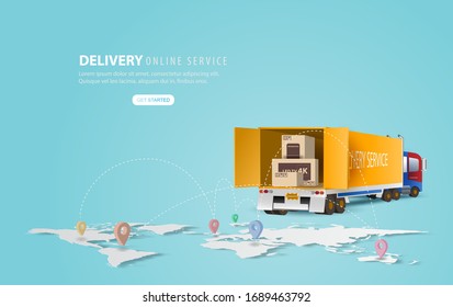 Online delivery service concept, online order tracking,Delivery home and office.City logistics and Warehouse on mobile.Location with yellow delivery truck on map.Banner background.vector illustration