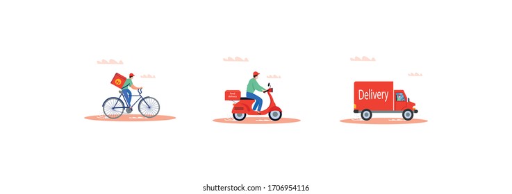 Online delivery service concept, online order tracking, delivery home and office. Warehouse, truck, drone, scooter and bicycle courier, delivery man in respiratory mask. Vector illustration