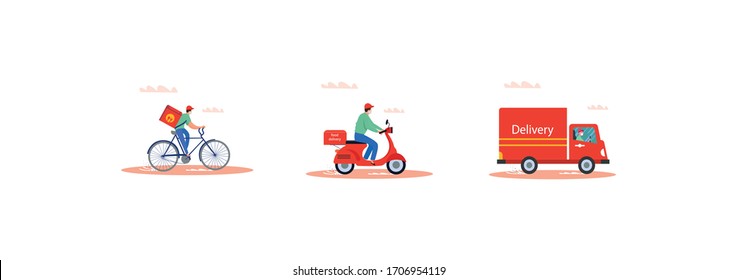 Online delivery service concept, online order tracking, delivery home and office. Warehouse, truck, drone, scooter and bicycle courier, delivery man in respiratory mask. Vector illustration