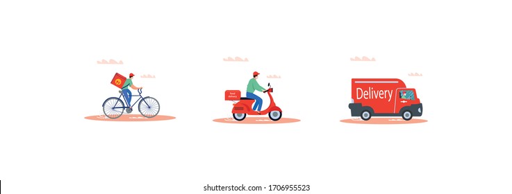 Online delivery service concept, online order tracking, delivery home and office. Warehouse, truck, drone, scooter and bicycle courier, delivery man in respiratory mask. Vector illustration