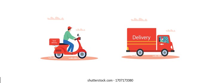 Online delivery service concept, online order tracking, delivery home and office. Vector flat illustration set.