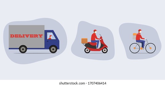 Online delivery service concept, online order tracking, delivery home and office. Warehouse, truck, scooter and bicycle courier, delivery man in respiratory mask and gloves. Vector illustration