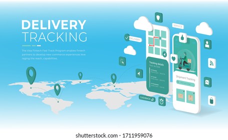 Online delivery service concept, online order tracking, Delivery home and office. City logistics. Smartphone, courier, box, delivery man with vespa on mobile. Vector illustration