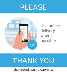 Online delivery service concept, online order tracking. Hand, holding phone near groceries. Food order application on smartphone. Virus prevention. Vector flat style illustration cartoon