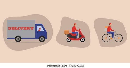 Concepto de servicio de entrega en línea, seguimiento de pedidos en línea, domicilio de entrega y oficina. Almacén, camión, ciclomotor y mensajero de bicicletas, repartidor en guantes. Ilustración vectorial de acciones