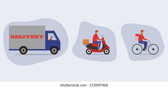 Online delivery service concept, online order tracking, delivery home and office. Warehouse, truck, scooter and bicycle courier, delivery man in gloves. Stock vector illustration