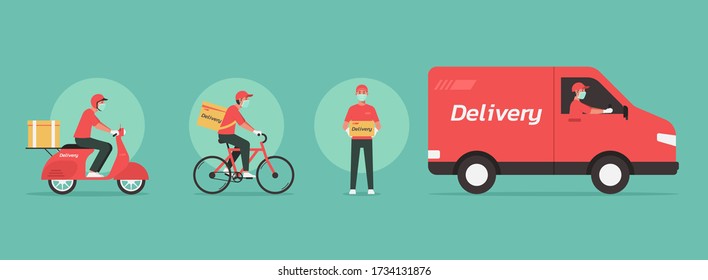 Online delivery service concept, online order tracking, delivery goods and food home and office. Van, motorcycle and bicycle courier, delivery man wear face masks and gloves, flat vector illustration