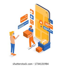 Online delivery service concept, online order tracking, delivery home and office. Isometric Courier, delivery man in respiratory mask. Vector illustration