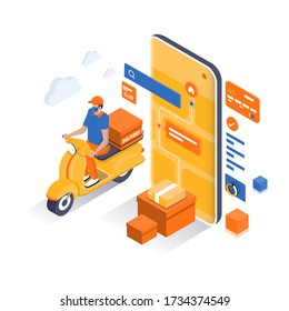 Online delivery service concept, online order tracking, delivery home and office. Isometric Scooter courier, delivery man in respiratory mask. Vector illustration