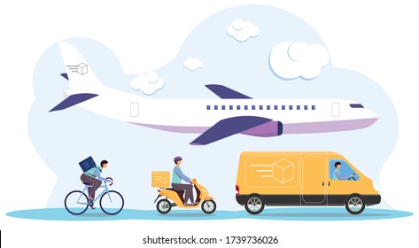 Online delivery service concept, online order tracking, delivery home and office. Warehouse, truck, airplane, and bicycle courier, delivery man . Vector illustration