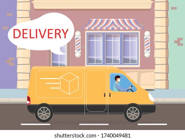 Online delivery service concept, online order tracking, delivery home and office. Van courier, delivery man in respiratory mask. Vector illustration