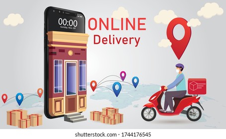 Online delivery service concept, online order tracking,Delivery home and office. City logistics. Warehouse, truck, forklift, courier, delivery man, on mobile. Vector illustration .