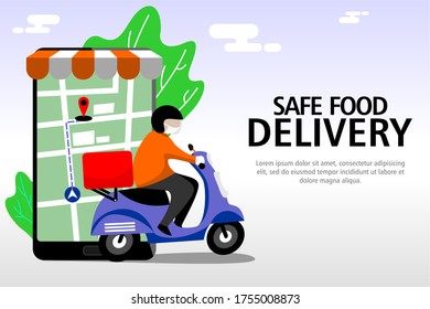 Online delivery service concept, online order tracking, delivery home and office. Warehouse, worker, scooter, delivery man in respiratory mask. Vector illustration