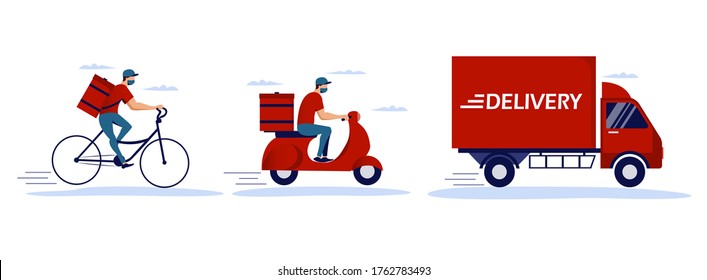 Online delivery service concept, online order tracking, delivery home and office. Warehouse, truck, scooter and bicycle courier, delivery man in respiratory mask. Vector illustration art