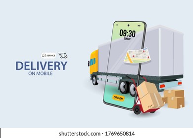 Online delivery service concept, online order tracking,Delivery home and office. City logistics. Warehouse, truck, forklift, courier, delivery man, on mobile. Vector illustration