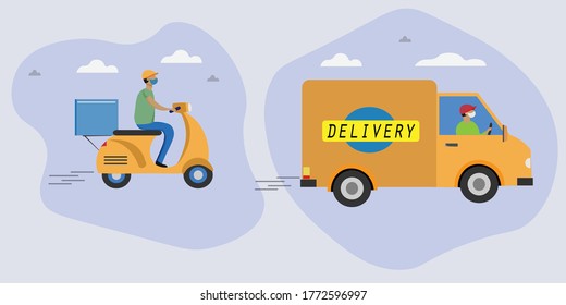 Online delivery service concept, online order tracking, delivery home and office. Warehouse, truck, drone, scooter, delivery man in respiratory mask. Vector illustration