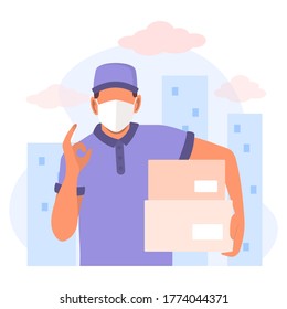 Online delivery service concept, online order tracking, delivery home and office. Man in respiratory mask. Courier in a protective medical face mask with a box in his hands. Vector flat illustration.