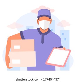 Online delivery service concept, online order tracking, delivery home and office. Man in respiratory mask. Courier in a protective medical face mask with a box in his hands. Vector flat illustration.