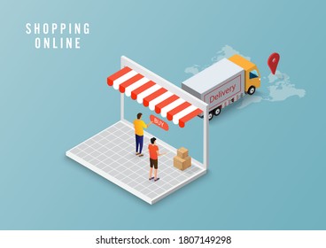 Online delivery service concept, online order tracking, Logistics delivery home and office on computer. Vector illustration