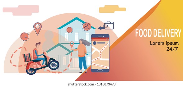 Online delivery service concept, online order tracking, home and office delivery. Vector flat template for baneri Mobile application for food delivery