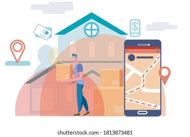 Online delivery service concept, online order tracking, home and office delivery. Vector flat template for baneri Mobile application for food delivery
