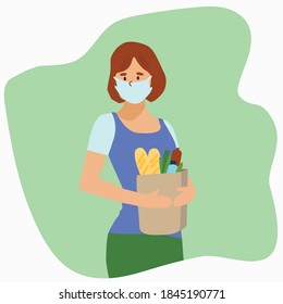 Online delivery service concept, online order tracking, delivery home and office. Courier delivery woman in respiratory mask. Vector illustration. Customer.Quarantine in the city. Coronavirus epidemiс