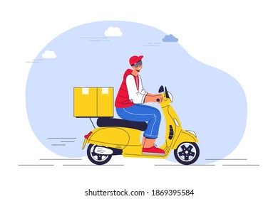 Online delivery service concept, online order tracking, delivery home and office. Warehouse, scooter, courier, delivery man. Cartoon character isolated. Flat vector illustration.