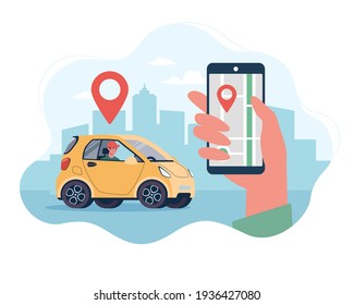 Online delivery service concept, online order tracking, home and office delivery. Courier on an electric car. Vector illustrations in a flat style on the background of the city